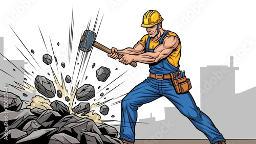Cartoon image of a muscular construction worker smashing rocks with a sledgehammer, wearing a hard hat and overalls.