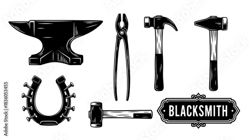 Black and white illustration featuring blacksmith tools: anvil, tongs, horseshoe, hammers, and a sign with the word "BLACKSMITH".