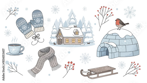 Cozy winter scene featuring a snow-covered house, igloo, robin, mittens, scarf, sled, hot drink, and snowflakes.