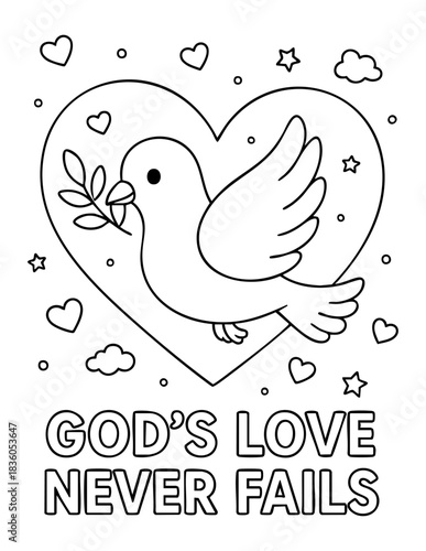 vector illustration of dove carrying olive branch inside heart with clouds stars and hearts in christian valentine coloring page for kids activities sunday school worksheets crafts and printables
