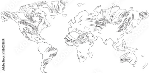 vector illustration of a world map made by various hand drawn abstarct geometric lines.