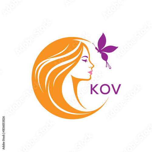 KOV Elegant Beauty Woman Logo. KOV with Butterfly  Salon & Spa Branding.  KOV Luxury Beauty Icon Design.
