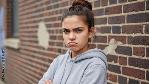 Young female teenager with pouty expression standing against brick wall