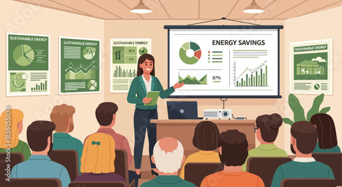 Sustainable Energy Seminar Presentation with Graphs and Statistics in Auditorium