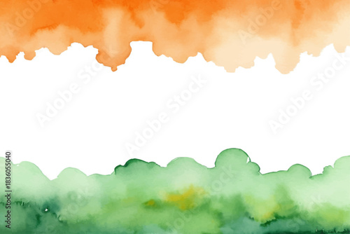 Saffron and green watercolor abstract background with white space.