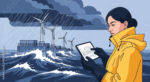 Offshore Wind Farm Monitoring: Female Engineer Analyzing Turbine Data in Stormy Weather