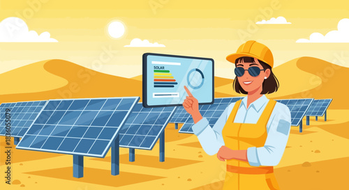 Illustration of a solar panel technician presenting performance data in desert landscape