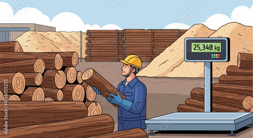 Cartoon scene depicting a lumber worker at a timber yard weighing a log