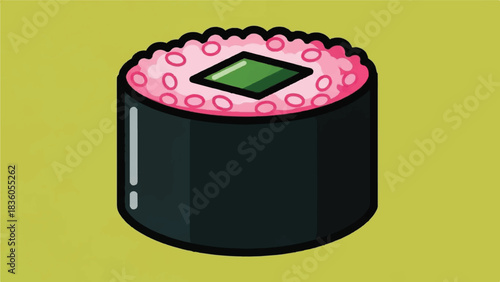 A single piece of sushi roll with pink rice and green filling.