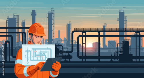 Engineer overseeing industrial plant operations with digital tablet interface