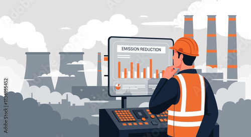 Engineer analyzing emission reduction data on a control panel for sustainability