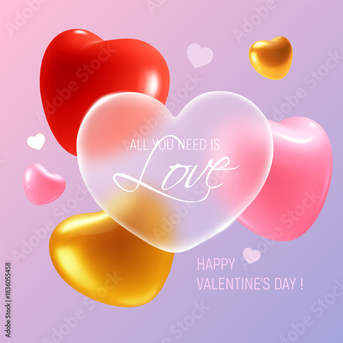 Valentines Day greeting banner with glass morphism effect. 3D red, pink, gold hearts on soft background, and heart shape made of matte translucent glass with sparkling edges. Vector illustration
