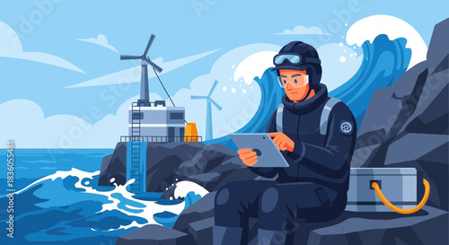 Offshore Wind Turbine Inspection: Technician Utilizing Tablet for Maintenance Near Coastline