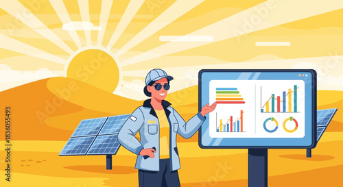 Innovative solar energy project presentation in desert scenery with statistics