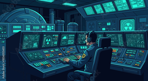 Cartoon nuclear power plant control room with worker monitoring systems