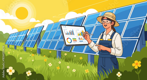 Innovative solar technician analyzing energy output in a wildflower meadow farm