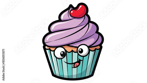 Cute Cartoon Cupcake Character with Cherry on Top.