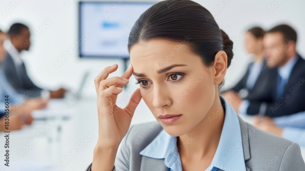 Obraz premium Worried young female executive in meeting with colleagues