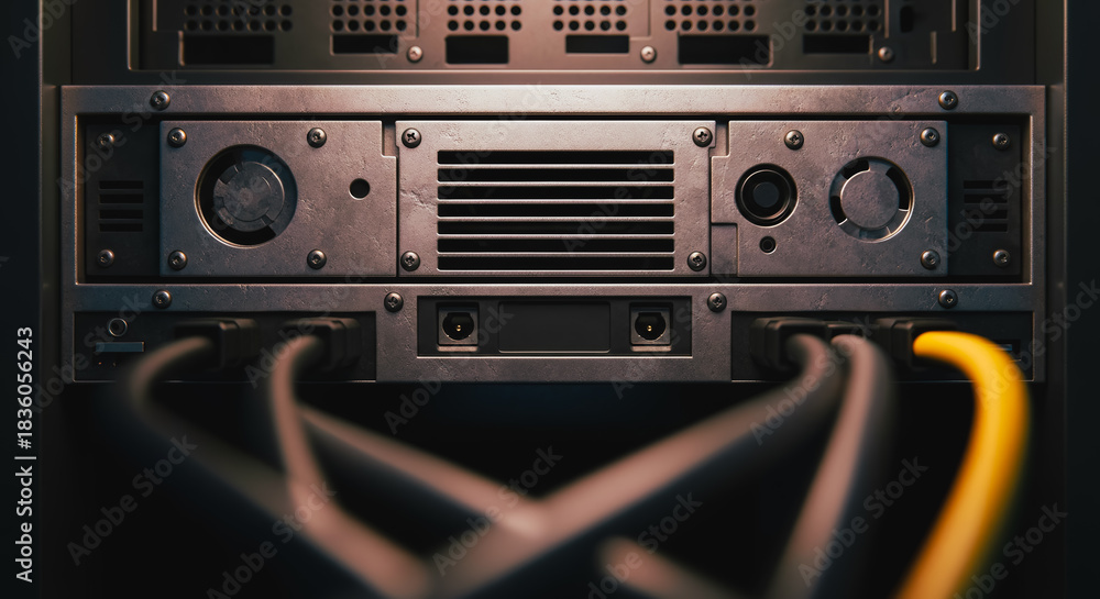 Fototapeta premium Close-up on modern server hardware, with network cables plugged in, showcasing technology.