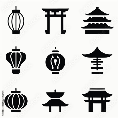Set of Asian lanterns and architectural elements chinese lantern