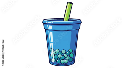 Blue Boba Tea Drink with Tapioca Pearls and Straw.