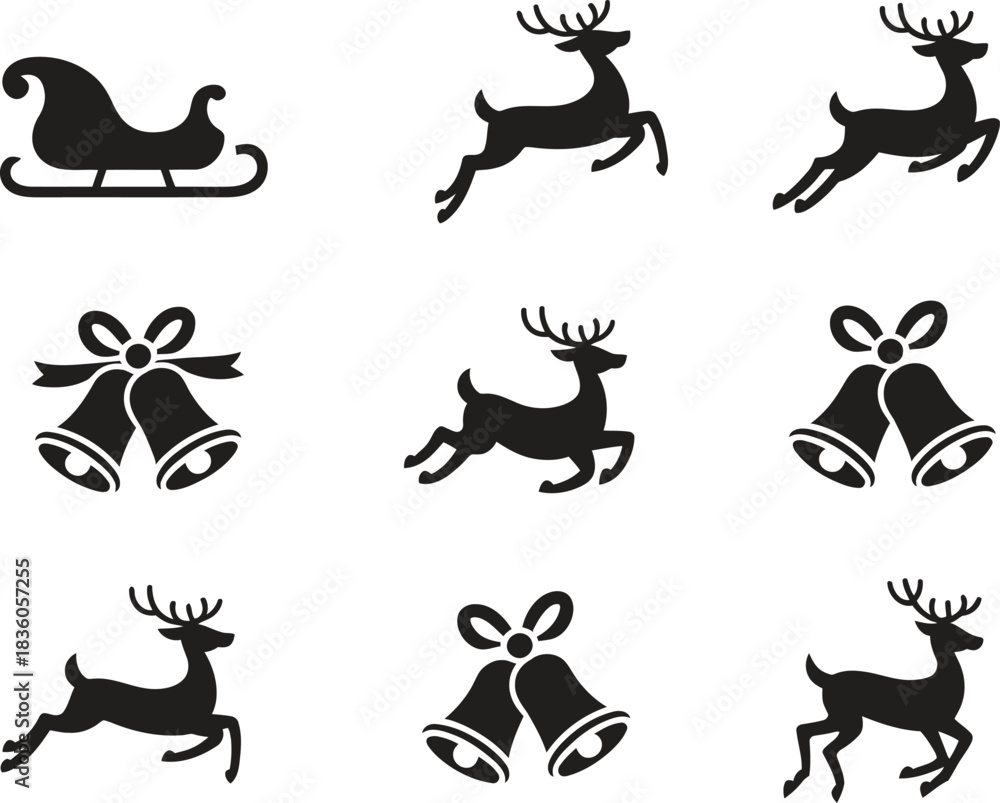 Fototapeta premium Reindeer and Sleigh Icons: Stylized Christmas Reindeer and Sleigh Design for Holiday Season