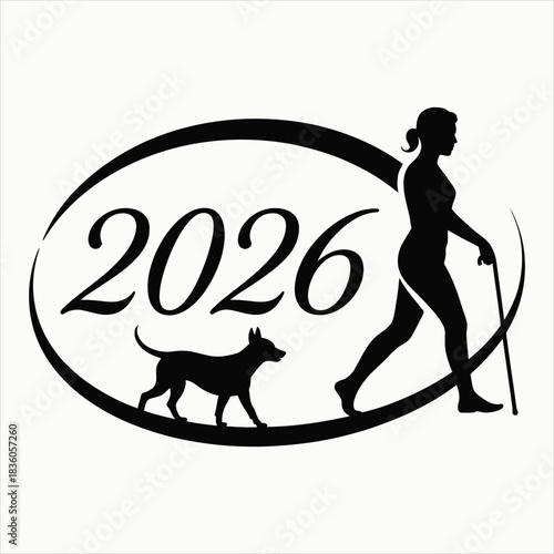 Woman and dog walking with year 2026 cane stick
