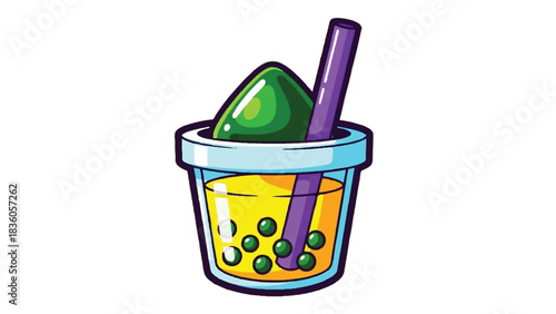 Refreshing bubble tea drink with green topping and straw.