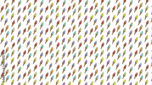 Foto Pattern of many colorful ice cream cones arranged neatly on a plain white backgr