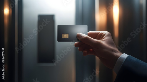 Hand Holding Security Access Card in Front of Elevator Door