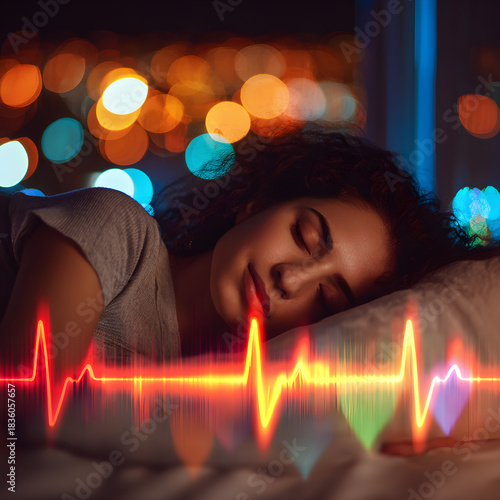 Nighttime Sleep and Heart Rate Monitoring Concept with a Peaceful Woman
