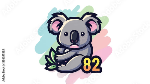 Cute cartoon koala bear holding leaves with number eighty two.