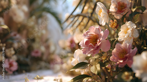 Soft Floral Background with Pink and White Blossoms in Natural Light