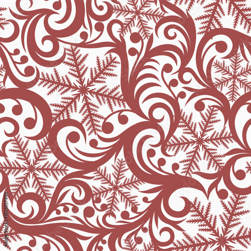 WHITE VECTOR SEAMLESS BACKGROUND WITH CORAL RED SNOWFLAKES AND FROSTY PATTERN