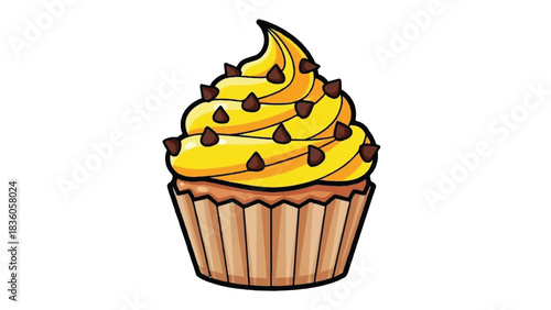 Delicious Yellow Frosted Cupcake with Chocolate Chips.