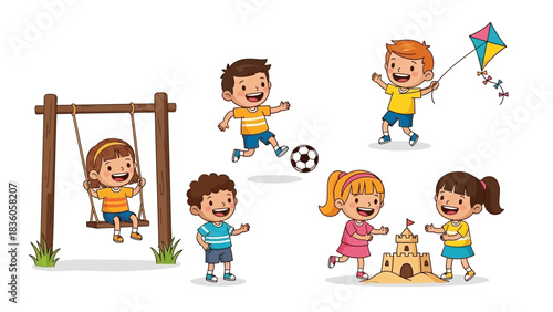 Cartoon illustration set of a boy and girl child friends having fun and playing with a ball