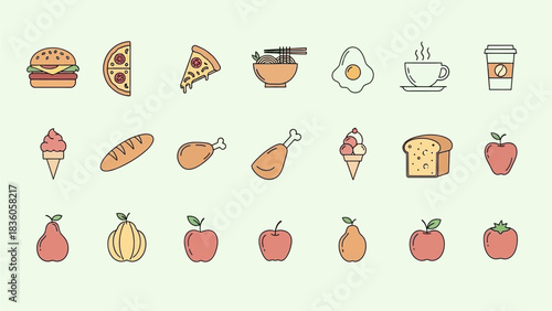 Food and drink icons set sketch vector illustration drawing of hot tea, coffee cup, cake, soup, bread, and pizza symbols for kitchen restaurant design pattern