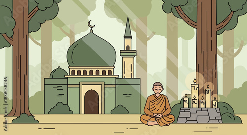 Monk's tranquility: serene meditation by a mosque in the heart of the forest