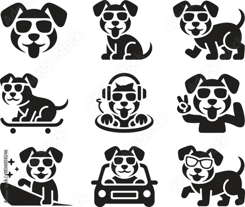Stylized Dog Icons: Fun Playful Dogs with Sunglasses and Accessories in Various Poses