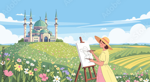 Artistic expression in a blooming meadow with a mosque view under clear sky
