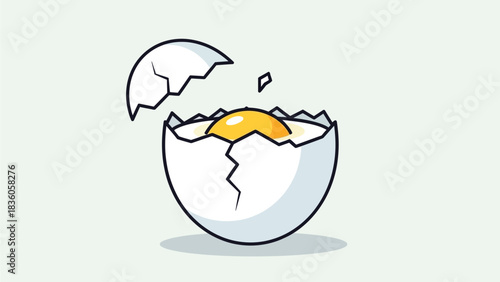 Vector cartoon illustration of a broken eggshell and Easter eggs featuring a fish and a baby chicken character