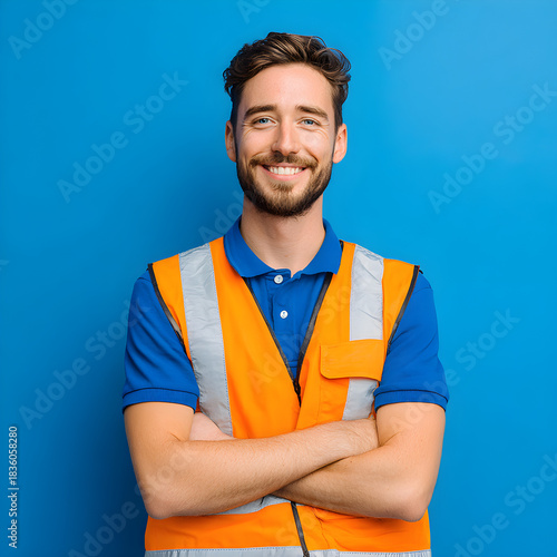 Smiling Man Wearing Safety Vest Against Blue Background