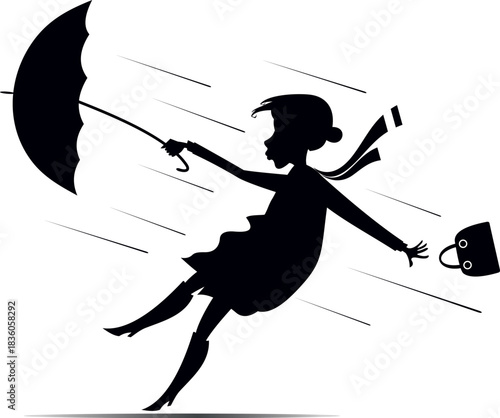 Woman, umbrella, windy and rainy day
