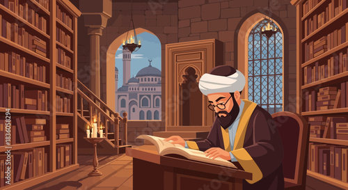 Scholar engrossed in book amidst library ambience with mosque backdrop
