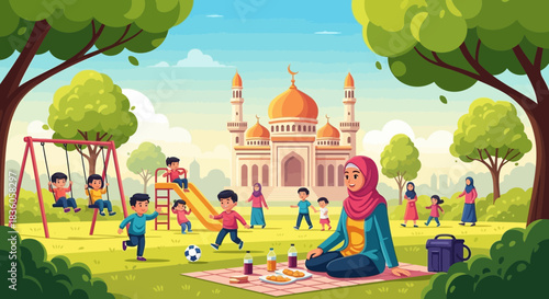 Vibrant depiction of a joyful gathering with an iconic mosque in the background
