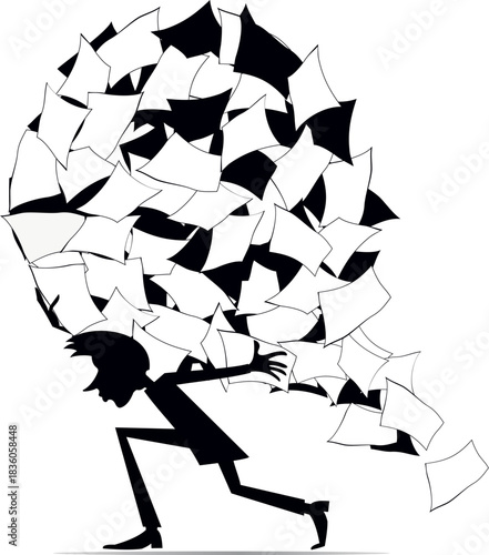 File clerk carrying a huge ball of papers on the back