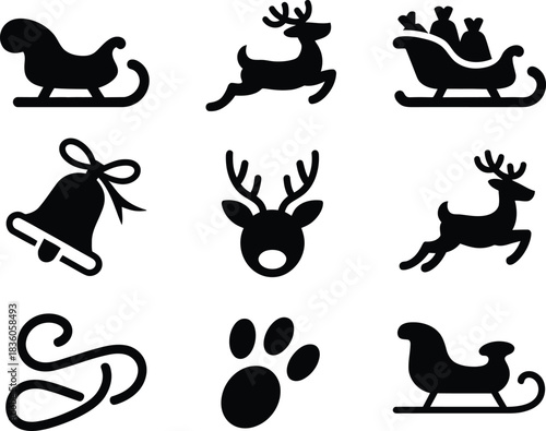 Reindeer and Sleigh Vector Icons: Festive Christmas Symbols for Holiday Cheer