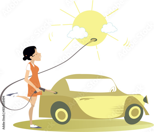 Young woman charging electric car using energy of the sun