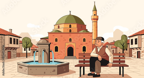 An old man sitting on a bench in an ancient city, mosque in the background