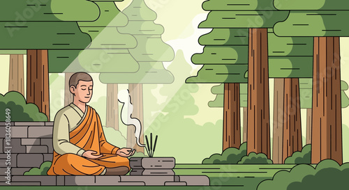 Monk meditating in a peaceful forest illustration for spiritual wellness